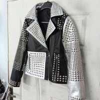 Ladies Brando Silver Black Cone Studded Leather Zippered Gothic Jacket - Thumbnail 1