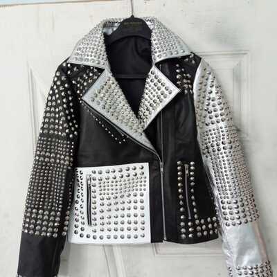 Ladies brando silver black cone studded leather zippered gothic jacket