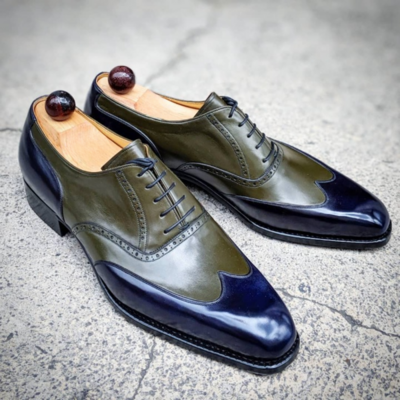 Blue green leather oxford lace up dress shoes - Thumbnail 3