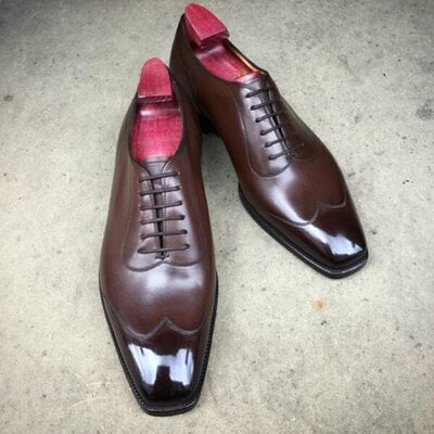 Brown patina leather oxford lace up wingtip dress shoes - Thumbnail 4
