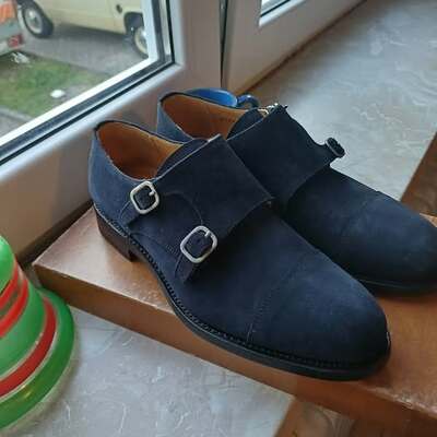 Handmade outclass navy blue double monk strap formal shoes