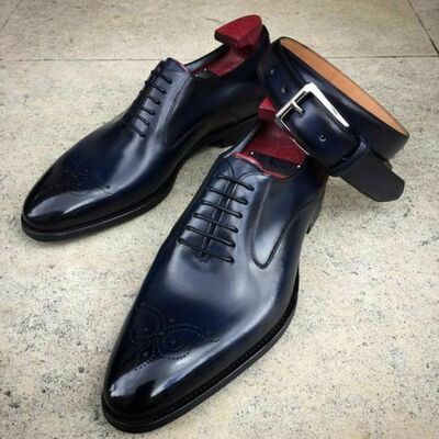 Handmade Blue Leather Oxford Lace up Dress Shoes with Matching Belt