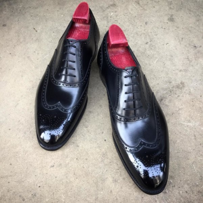 Black Calf Leather Wingtip Oxford Lace up Dress Shoes