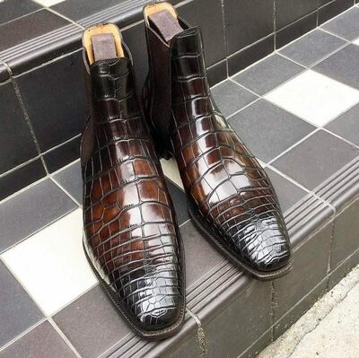 Brown Crocodile Leather Men Chelsea Dress Boot