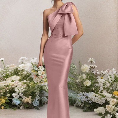One shoulder satin bridesmaid dress with bows,pd231376