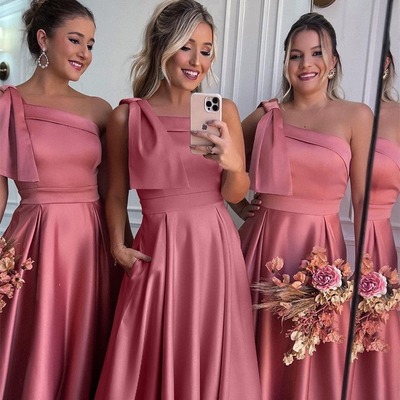 A line satin bridesmaid dress with pockets,pd231386