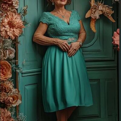 Elegant dark green tea-length mother of bride/ groom dress evening formal dress prom dress