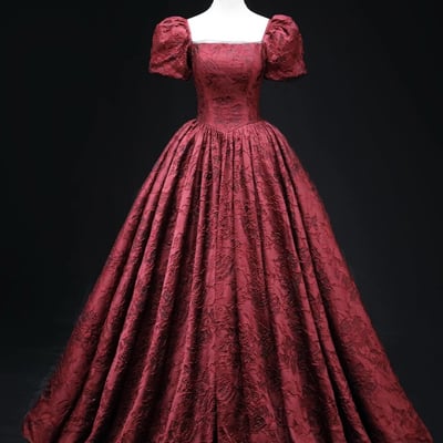 Burgundy printed pattern floor length formal prom dress - Thumbnail 1