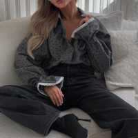 Polka Dot Lace Long Sleeve Women Shirt Blouse - Thumbnail 1