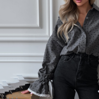 Polka Dot Lace Long Sleeve Women Shirt Blouse - Thumbnail 2