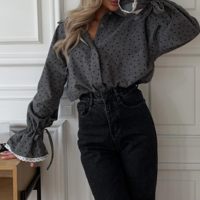 Polka Dot Lace Long Sleeve Women Shirt Blouse - Thumbnail 3