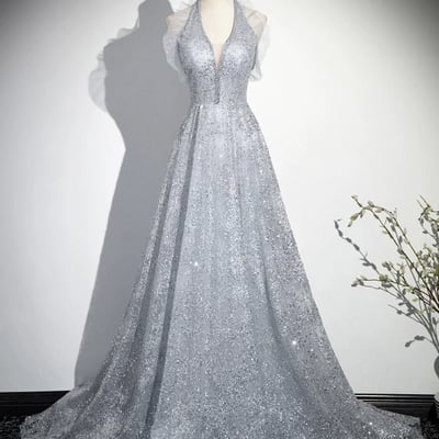 Gray v-neck tulle sequins long prom party dress - Thumbnail 1
