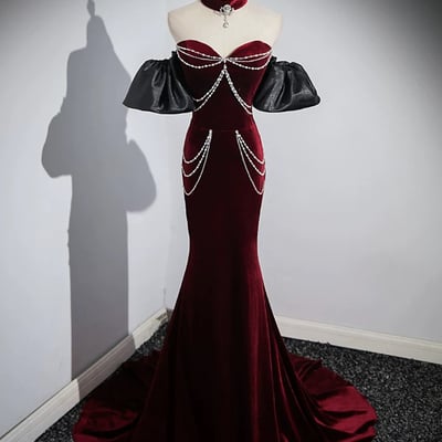 Burgundy mermaid velvet long prom party dress - Thumbnail 1