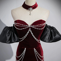 Burgundy Mermaid Velvet Long Prom Party Dress - Thumbnail 2