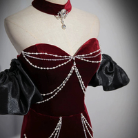 Burgundy Mermaid Velvet Long Prom Party Dress - Thumbnail 3