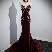 Burgundy Mermaid Velvet Long Prom Party Dress - Thumbnail 4