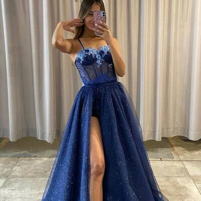 Elegant royal blue a line lace prom dress formal dress evening gowns