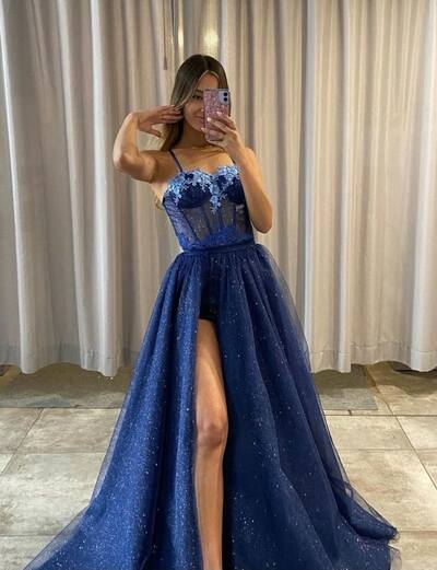 Elegant Royal Blue A Line Lace Prom Dress Formal Dress Evening Gowns