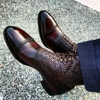 Handmade Men's Brown High Ankle Boot With Alligator Texture Skin - Thumbnail 1