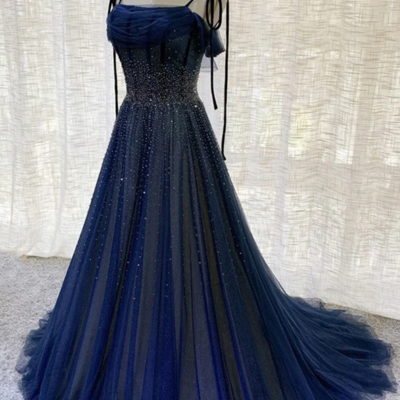 Gorgeous dark blue sequins tulle mermaid evening dresses - Thumbnail 2