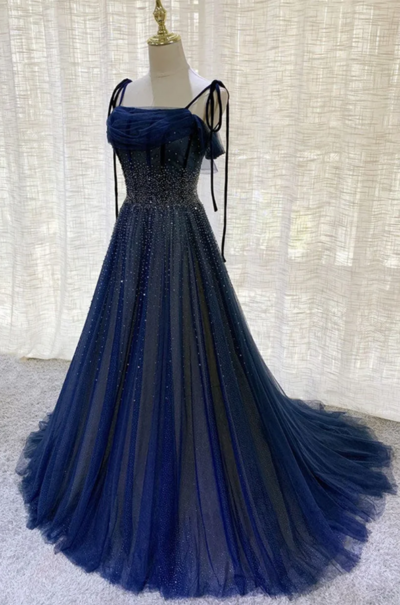 Gorgeous Dark Blue Sequins Tulle Mermaid Evening Dresses