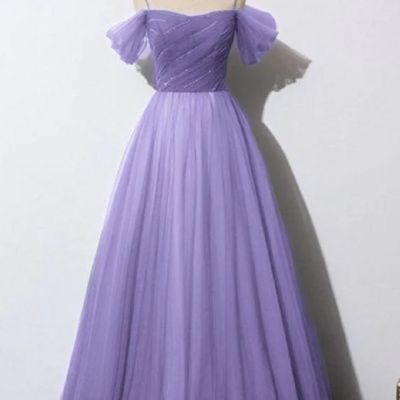 Simple a-line purple tulle prom dresses with sequin - Thumbnail 3