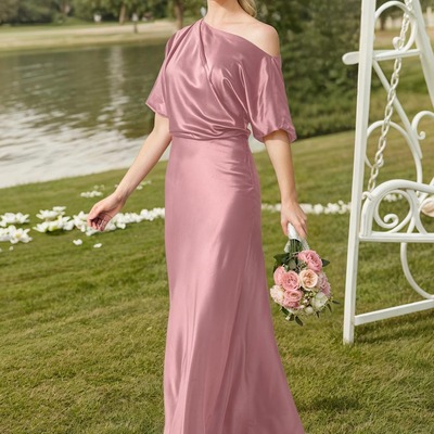 Short sleeves asymmetrical neck bridesmaid dress,pd231389