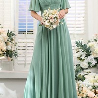 Green V Neck Short Sleeves Chiffon Bridesmaid Dress ,Wedding Guest Dress,PD231393 - Thumbnail 1