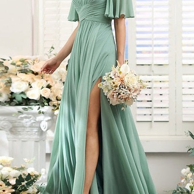 Green v neck short sleeves chiffon bridesmaid dress ,wedding guest dress,pd231393
