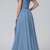 Blue Floor Length V-Neck Wrap Bridesmaid Dress,PD231394 - Thumbnail 1