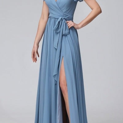Blue floor length v-neck wrap bridesmaid dress,pd231394