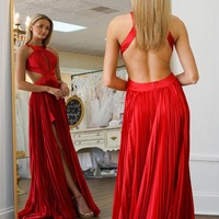 Halter keyhole Cutouts Red Satin Pleated A-Line Long Prom Dresses with Slit,PD231398 - Thumbnail 1