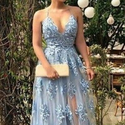 Sexy blue a line lace appliques prom dress formal dress evening gowns