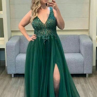 Dark green lace appliques prom dress formal dress evening gowns