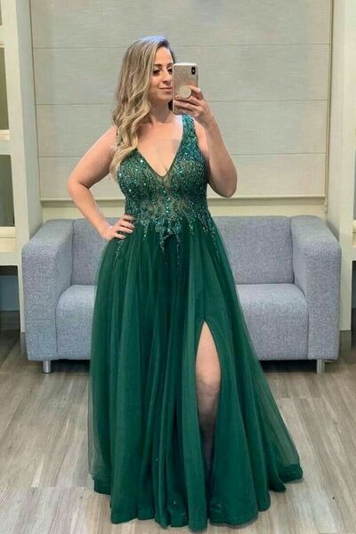 Dark Green Lace Appliques Prom Dress Formal Dress Evening Gowns