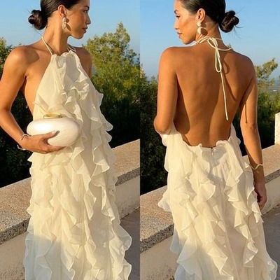  ruffle backless halter sleeveless long prom dress,evening gown ,pd231401