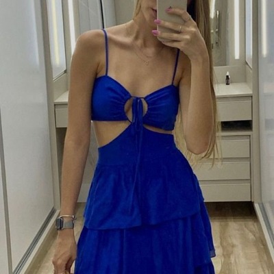 Sleeveless blue prom party dress with split ,pd231402