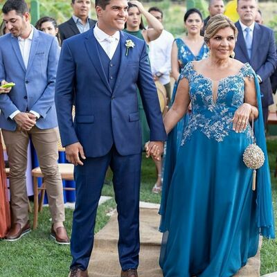 Plus size blue lace appliques mother of bride/ groom dress evening formal dress prom dress