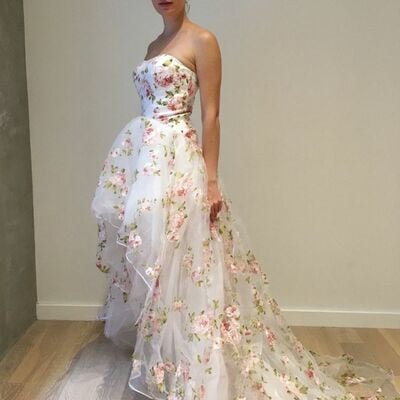 Hi-lo blooming floral wedding dress, tulle bridal dress wedding gown
