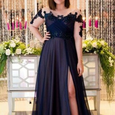 Plus size navy blue lace mother of bride/ groom dress evening formal dress prom dress