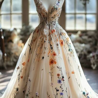 Blooming floral wedding dress, tulle bridal dress wedding gown