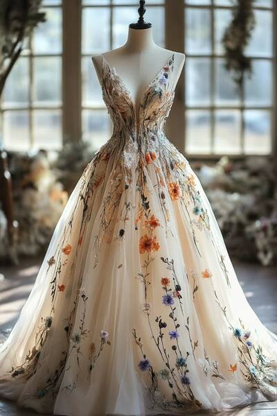 Blooming Floral Wedding Dress, Tulle Bridal Dress Wedding Gown