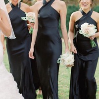 Beauty Sheath Halter Neck Long Black Bridesmaid Dress with Bowknot,PD231403 - Thumbnail 2