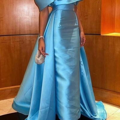 Elegant sheath blue with detachable train mother of the bride/ groom dresses evening prom formal gowns