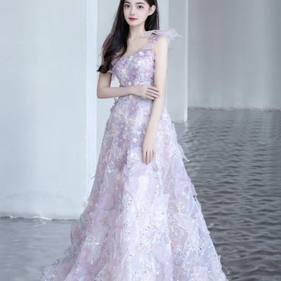 A-line tulle flowers long prom dress, beautiful evening party dress - Thumbnail 1