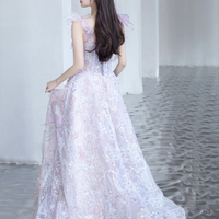 A-Line Tulle Flowers Long Prom Dress, Beautiful Evening Party Dress - Thumbnail 1