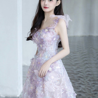 A-Line Tulle Flowers Long Prom Dress, Beautiful Evening Party Dress - Thumbnail 2