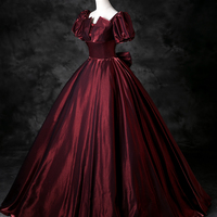 Burgundy Satin Long Prom Dress, A-Line Short Sleeve Party Dress - Thumbnail 1
