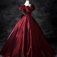 Burgundy Satin Long Prom Dress, A-Line Short Sleeve Party Dress - Thumbnail 2