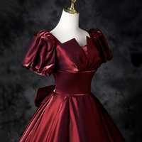 Burgundy Satin Long Prom Dress, A-Line Short Sleeve Party Dress - Thumbnail 4